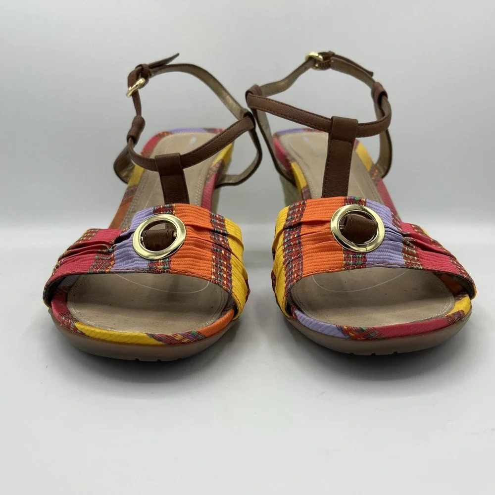 Rockport Womens Wedge Sandal Espadrile T-Strap Open Toe Leather Fabric 9 Striped